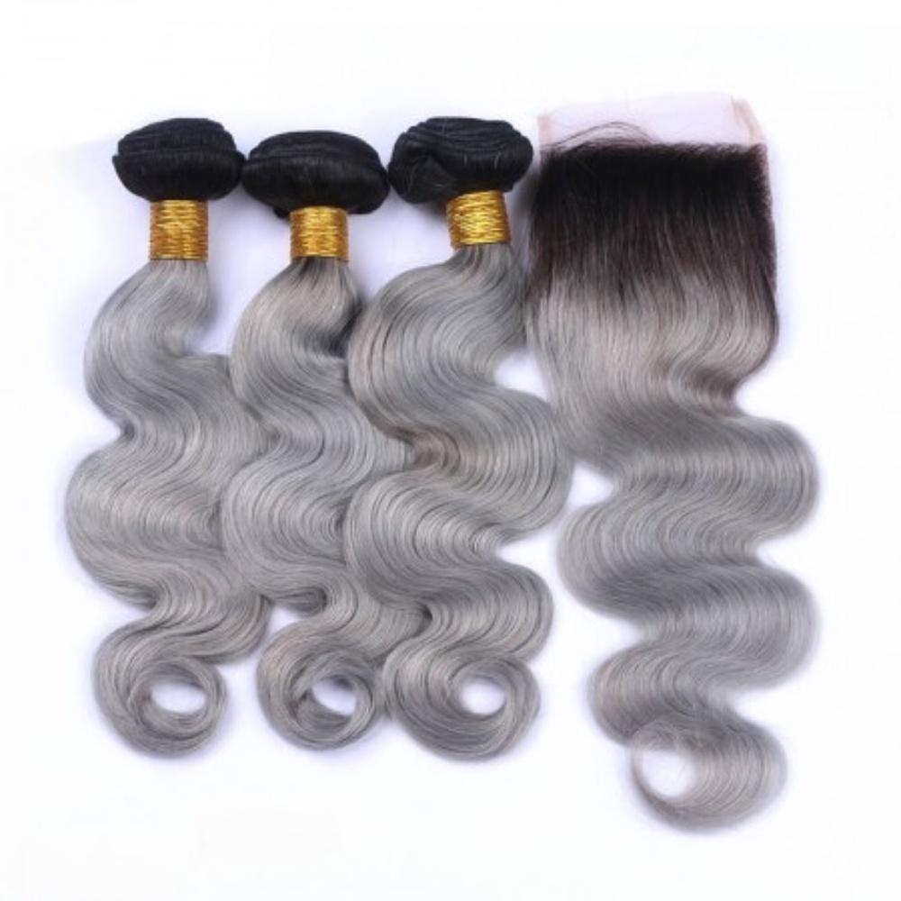 Body wave 1b/gray lace closure with 3 bundles